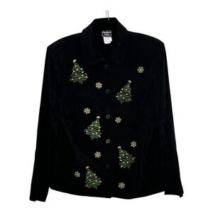 Southern Lady Christmas Tree Beaded Faux Suede Jacket Black Womens 10 849B